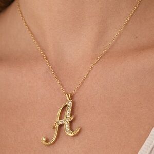 Gold Rhinestone Script “A” Initial Pendant Necklace